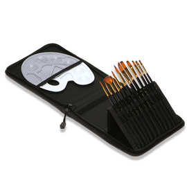 厂家直销12支黑杆尼龙毛画笔套装黑色布包油画笔含调色盘美术