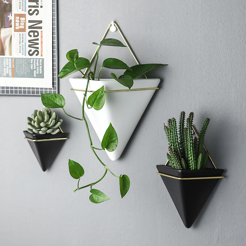 ins Nordic Fleshy Wall-Hanging Flower Pot Wrought Iron Triangle Vase Simple Ceramic Flower Pot Self-Absorbent Flower Set