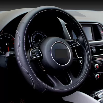 Four Seasons Neutral Car Steering Steering wheel cover - white-stitched-round-steering-wheel-cover-in-faux-leather-with-raised-ridges-on-both-sides-38cm