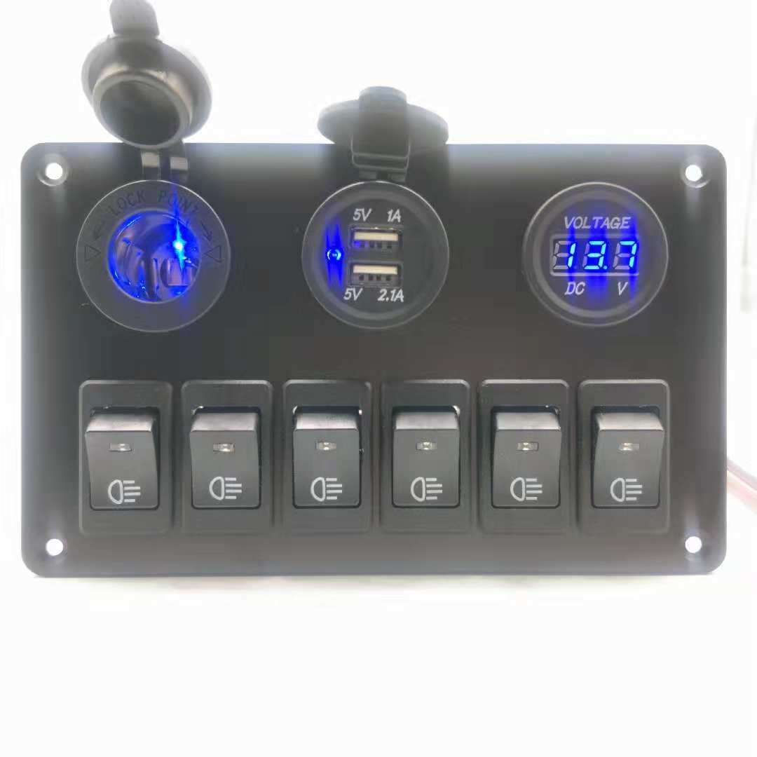 厂家宇捷热品6位组合面板开关配车载双USB点烟母座电压表面板开关