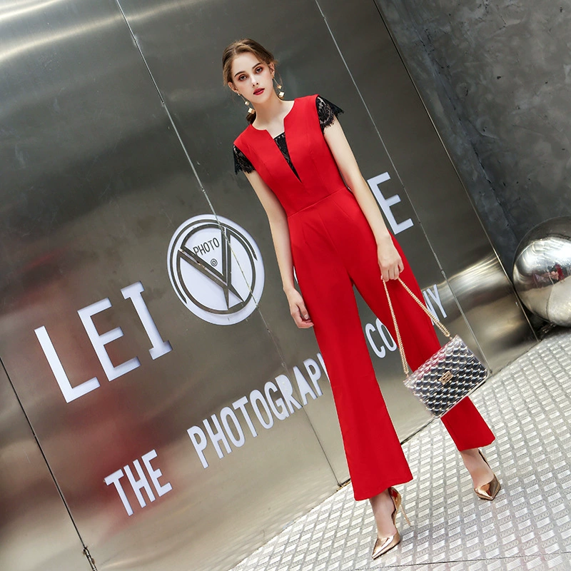 Европейское и американское внешнеторговое трансграничное платье 2025, новые красные цельные широкие брюки с v-образным вырезом и короткими рукавами, которые могут носить женщины, чтобы выглядеть стройными