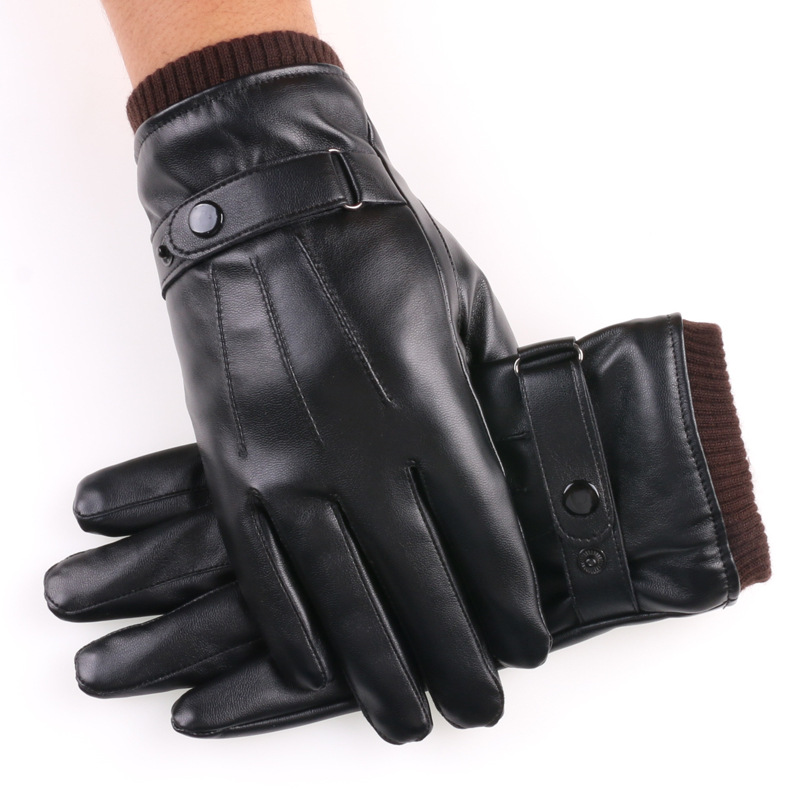 Guantes de pantalla táctil de otoño e invierno para hombres Guantes de terciopelo cálido a prueba de frío para montar al aire libre Luo Kou guantes de cuero lavados de tres líneas