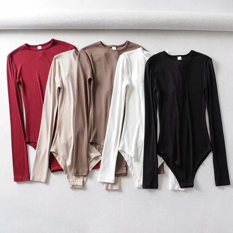 European and American INS Autumn Small Round Neck Elastic Slim Solid Color Base Threaded Jumpsuit Women's Inner Tight Long Sleeve T-Shirt