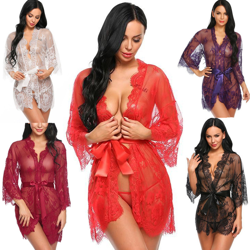 Summer See-Through Cardigan Lingerie Lace Pajama Set S-4Xl Aliexpress European and American Sexy Plus Size Erotic Lingerie for Women