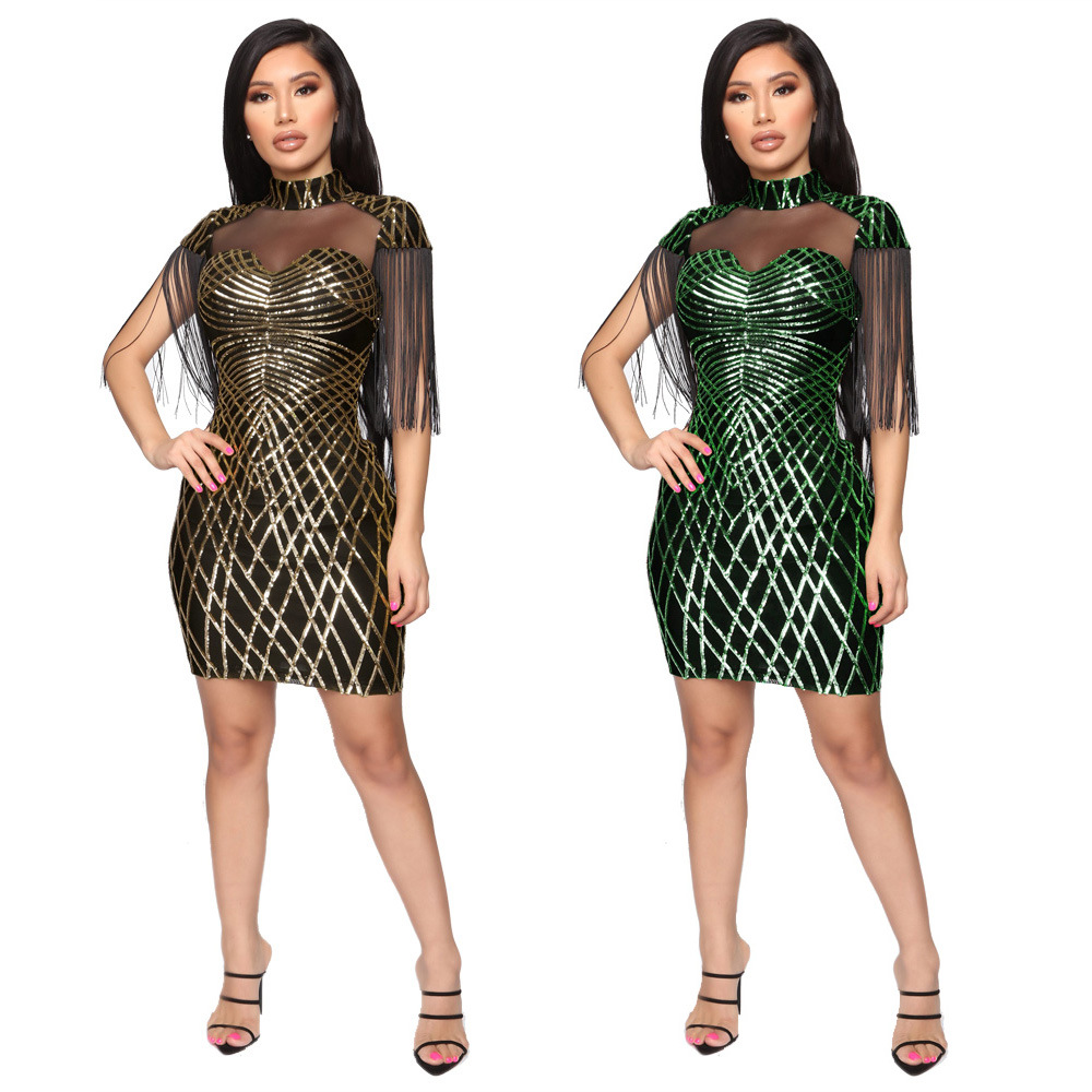 9100夜店新款亚马逊圆领欧美女装修身秋冬季亮片流苏性感连衣裙