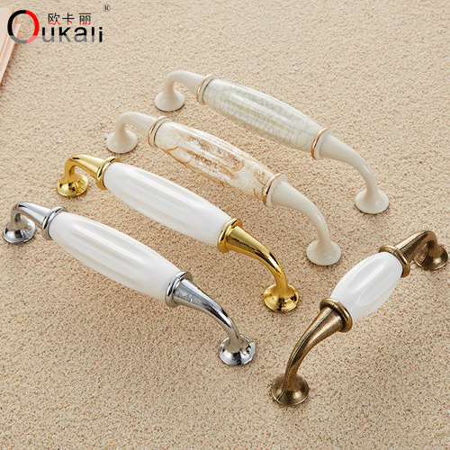 Okali classic European style bathroom cabinet door handle wood grain marble cracked black and white ceramic handle