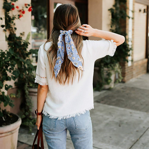 Cross-border long floral fabric hair tie jewelry for women, dotted knotted ponytail streamer, three-state flower headband