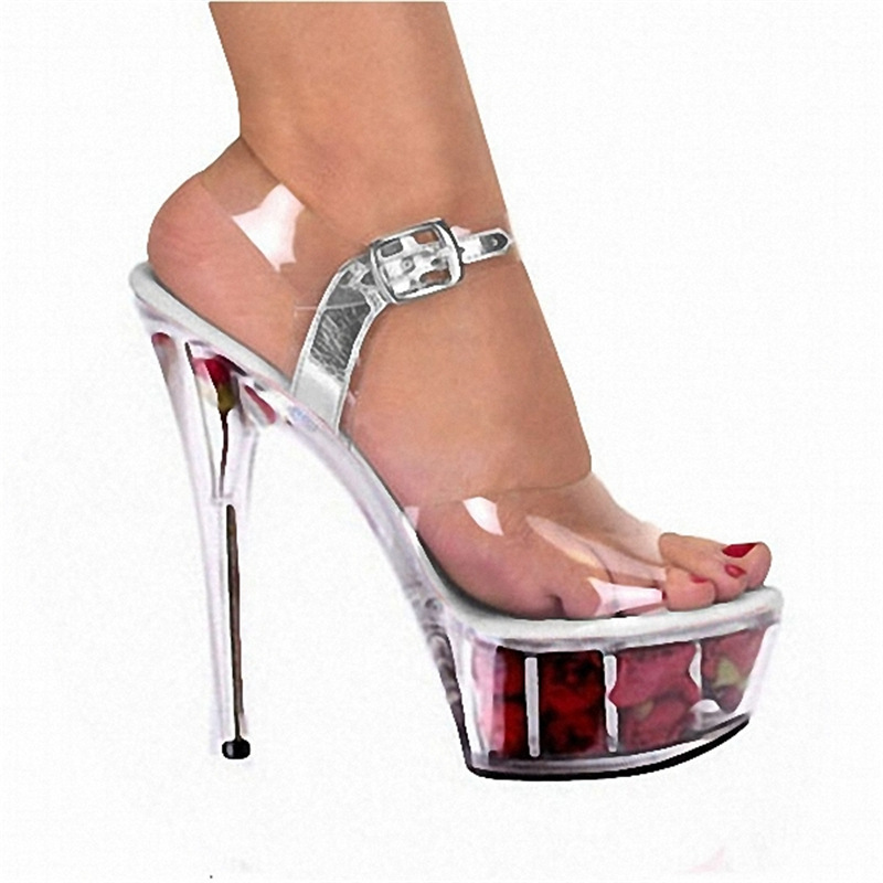 15cm Crystal Rose bottom anfitrión de la moda tacón alto del club nocturno las mujeres shooting modelo zapatos punta abierta sandalias