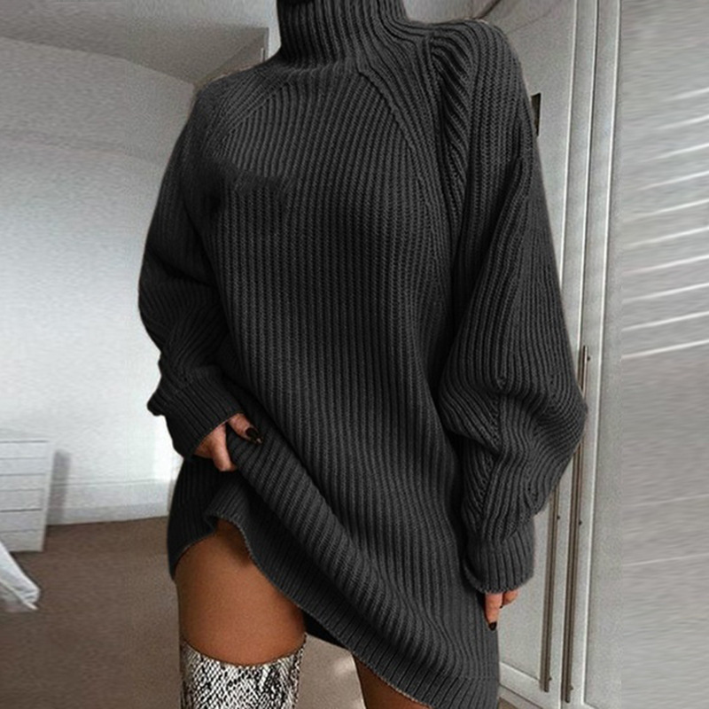 Nuevo Producto Otoño-Invierno 2025, Suéter Vestido de Punto con Manga Raglán y Cuello Alto a Media Altura, Estilo Transfronterizo para Amazon