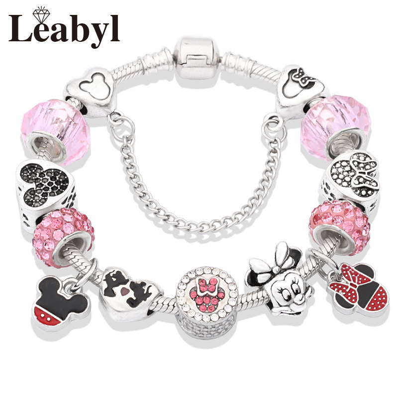 Cross-Border Hot Selling Cute Pink Disney Mickey Minnie Bracelet Heart Cartoon Disney Bracelet Kidsren's Gift