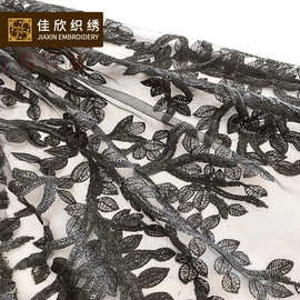 欧美新款时装连衣裙珠片布 金线小叶树珠片绣布料  亮片绣花面料