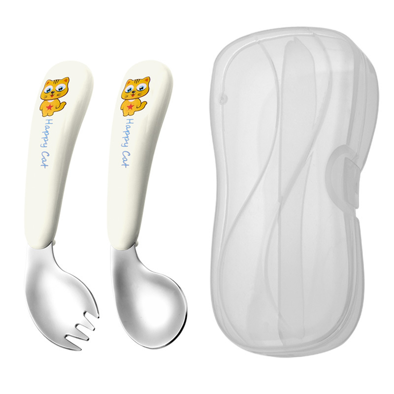 노란색 고양이-흰색 곡선 포크 스푼-투명 상자