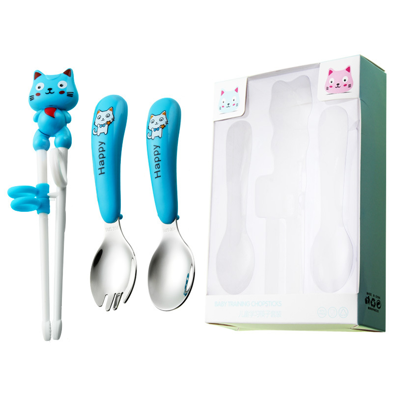 흰 고양이-블루 포크 스푼 젓가락-컬러 박스