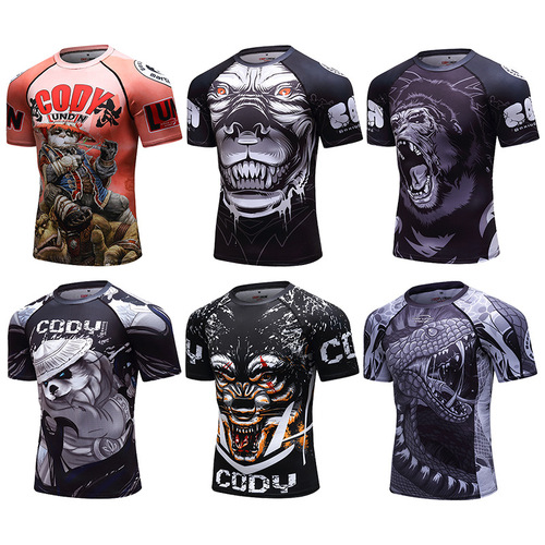 Autumn new 3D digital printed short-sleeved T-shirt animal pattern sports tights men's fitness clothing