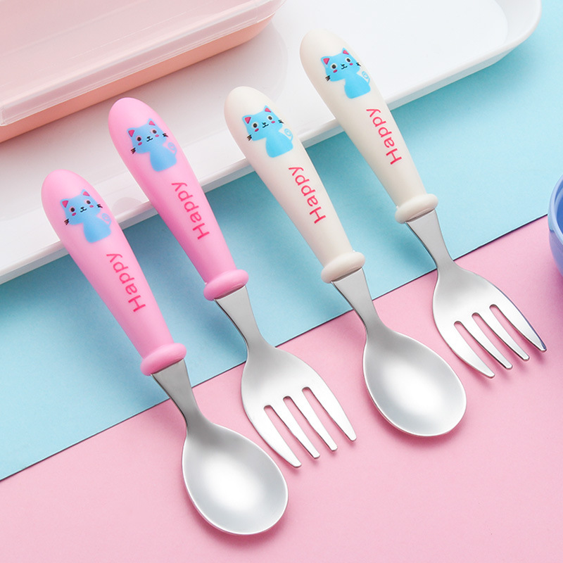 304 스테인레스 스틸 어린이 식기 세트, 숟가락, 포크, 휴대용 식기 상자 세트, 아기 만화 수유 식기