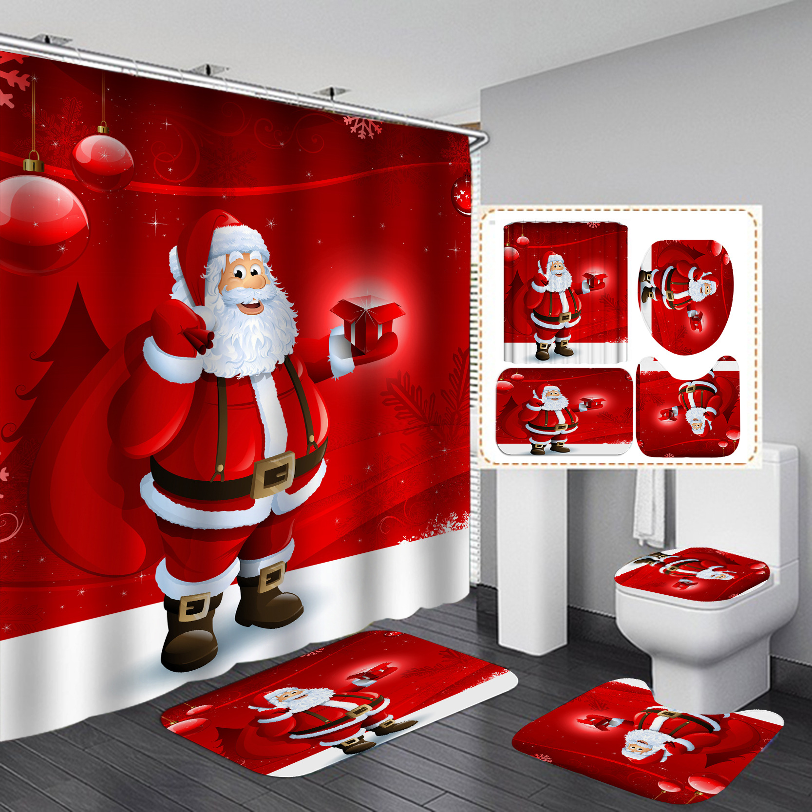Suministro directo transfronterizo europeo y americano Cortina de ducha creativa impermeable Impresión digital 3D poliéster Cortina de ducha de Navidad tela suministro directo de fábrica