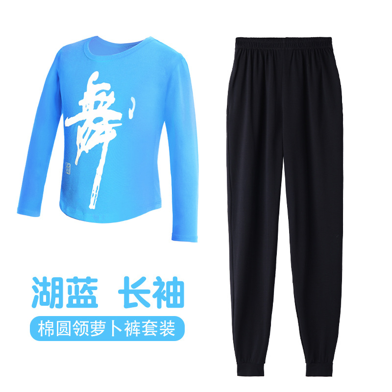 Cuello redondo Lago azul manga larga Top + pantalón de rábano