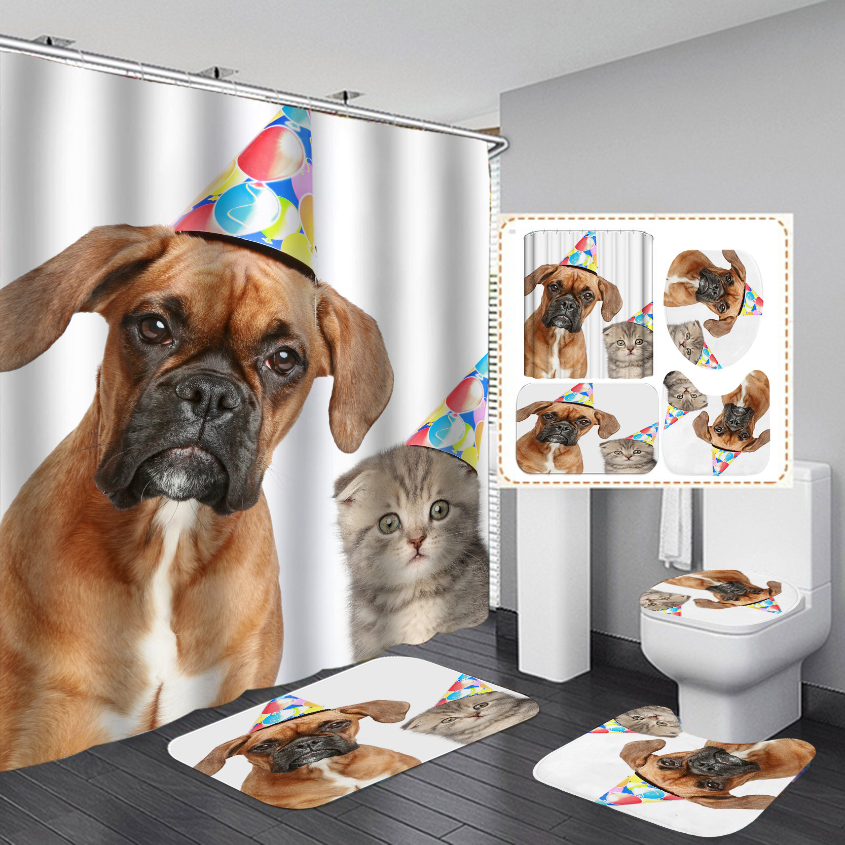 Juego de cuatro piezas de cortinas de ducha con diseño de animales, impresión digital, venta al por mayor, suministro directo de comercio exterior, impermeable.