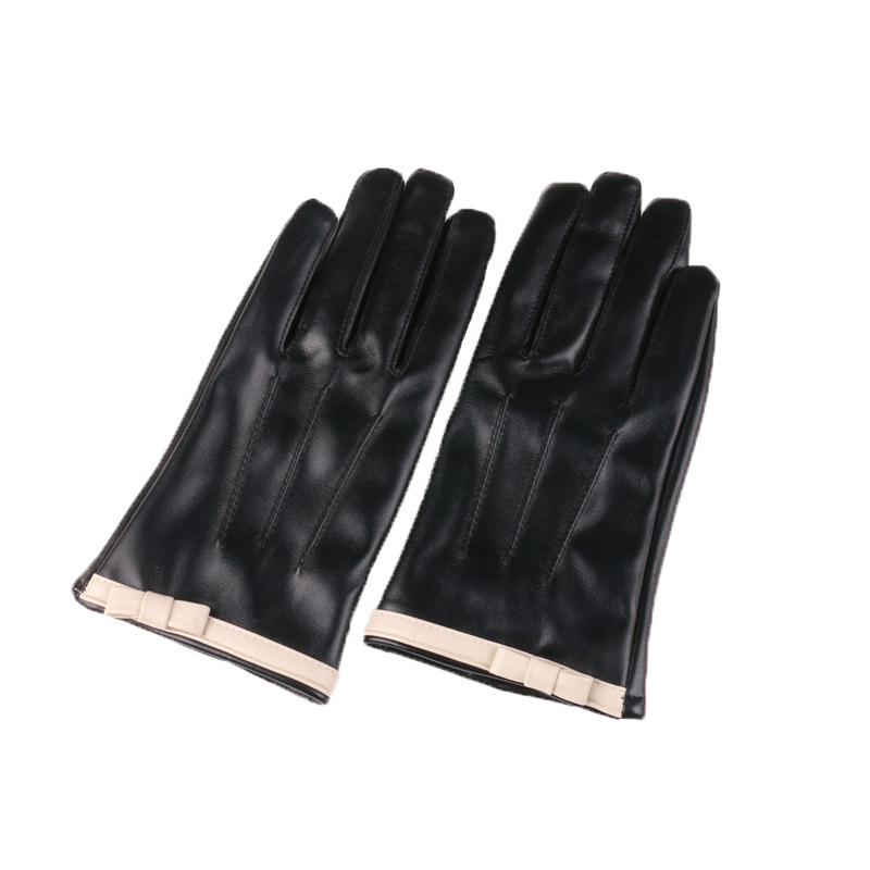 Nuevo Otoño e Invierno guantes de cuero para mujer cálido forro polar cálido arco de moda al aire libre guantes de cuero de pantalla táctil a prueba de frío