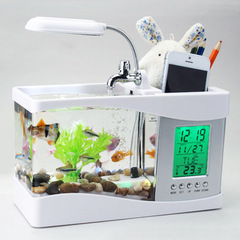 Creative Mini Fish Tank Creative Gift Household Products Aquarium Pen Holder Time Alarm Clock Calendar LED Desk Lamp