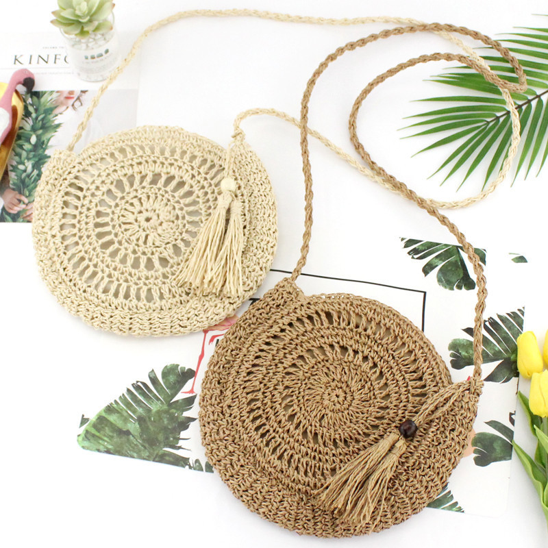 Handmade Paper Rope Woven Round Tassel Crossbody Woven Bag Handmade Crochet Straw Woven Bag Women's Bag Beach Bag Thailand