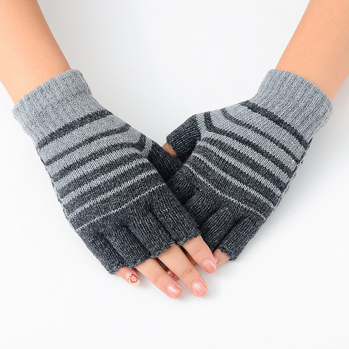 New winter striped knit warm gloves for men students, finger-revealing typing woolen half-finger gloves for women, factory wholesale