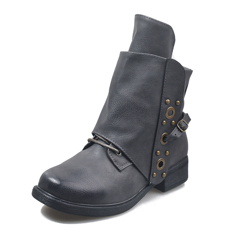 2020 New Autumn and Winter Wish Amazon Independent Station Large Size Retro Round Toe Side Zipper Women's Leather Boots