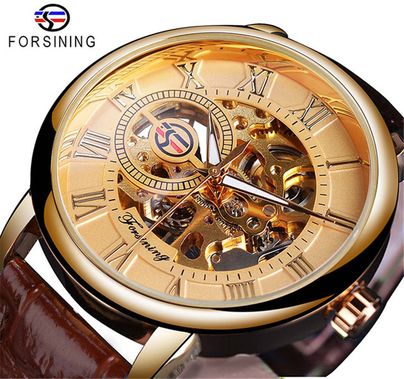 Fusini forsining hombres de moda retro hueco transparente mecánico manual reloj mecánico Correa reloj