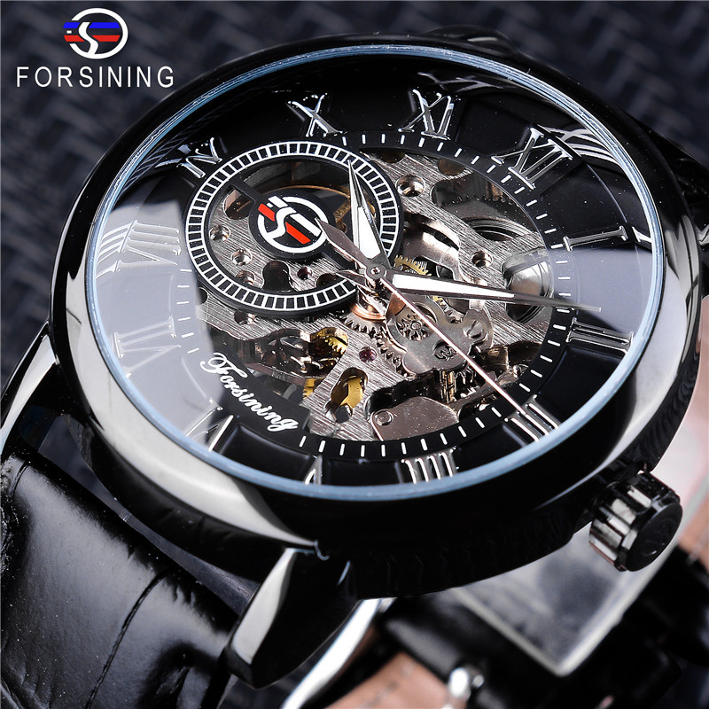 Fusini forsining hombres de moda retro hueco transparente mecánico manual reloj mecánico Correa reloj