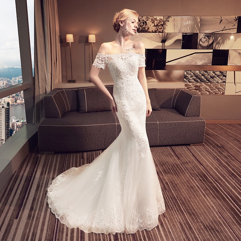 Vestido de novia de cola de pez 2024 nueva Boda nupcial estilo francés adelgazante pequeño fuera del hombro ligero mujeres pequeñas