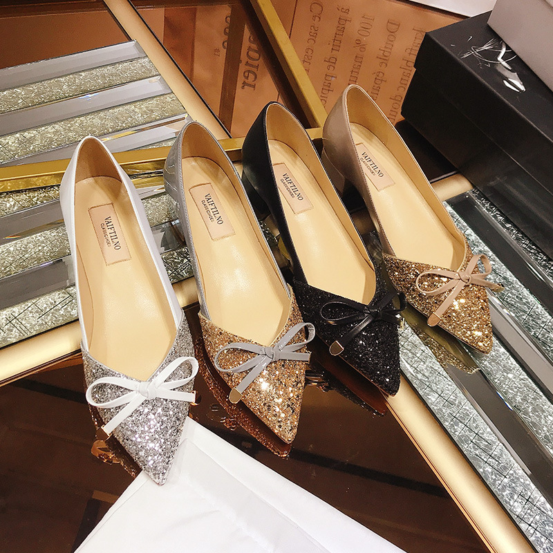 2026 Autumn New Women's Shallow Mouth Single Shoes, Pointed Toe, Color Block, Top Quality Sequin Bow, Mid-Heel, Chunky Heel_vogvips.com