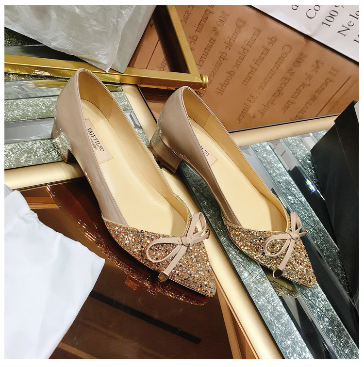 2026 Autumn New Women's Shallow Mouth Single Shoes, Pointed Toe, Color Block, Top Quality Sequin Bow, Mid-Heel, Chunky Heel_vogvips.com