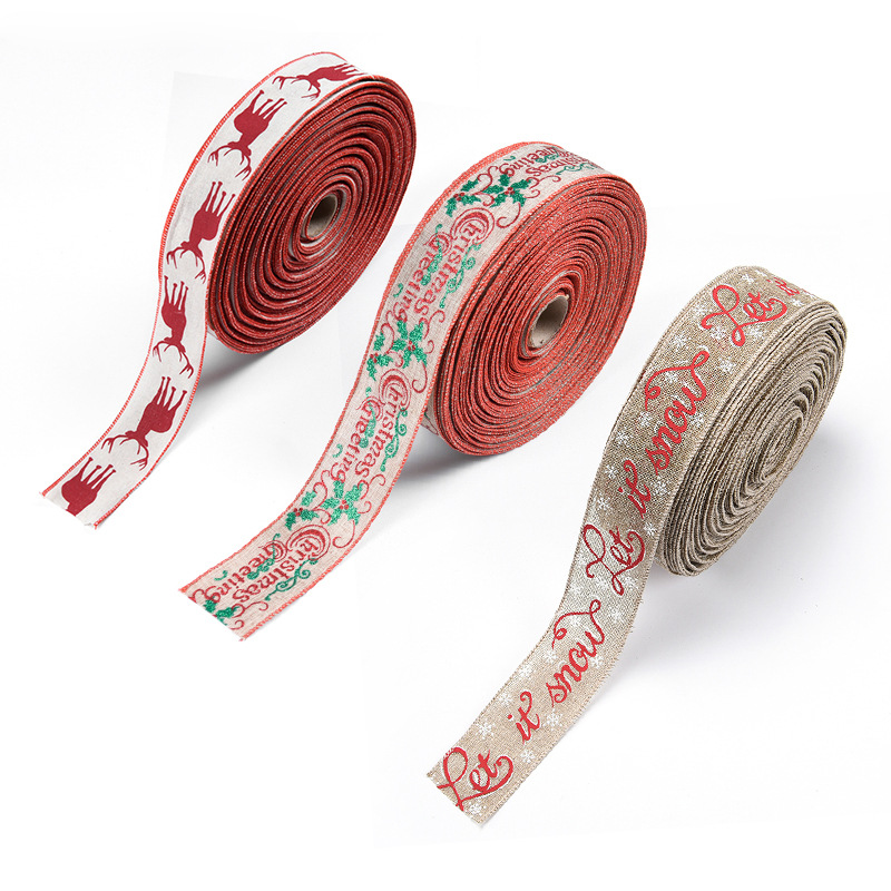 Cinta decorativa navideña de imitación de lino de 6,3 cm con estampado de letras y renos, cinta para envolver regalos de Navidad
