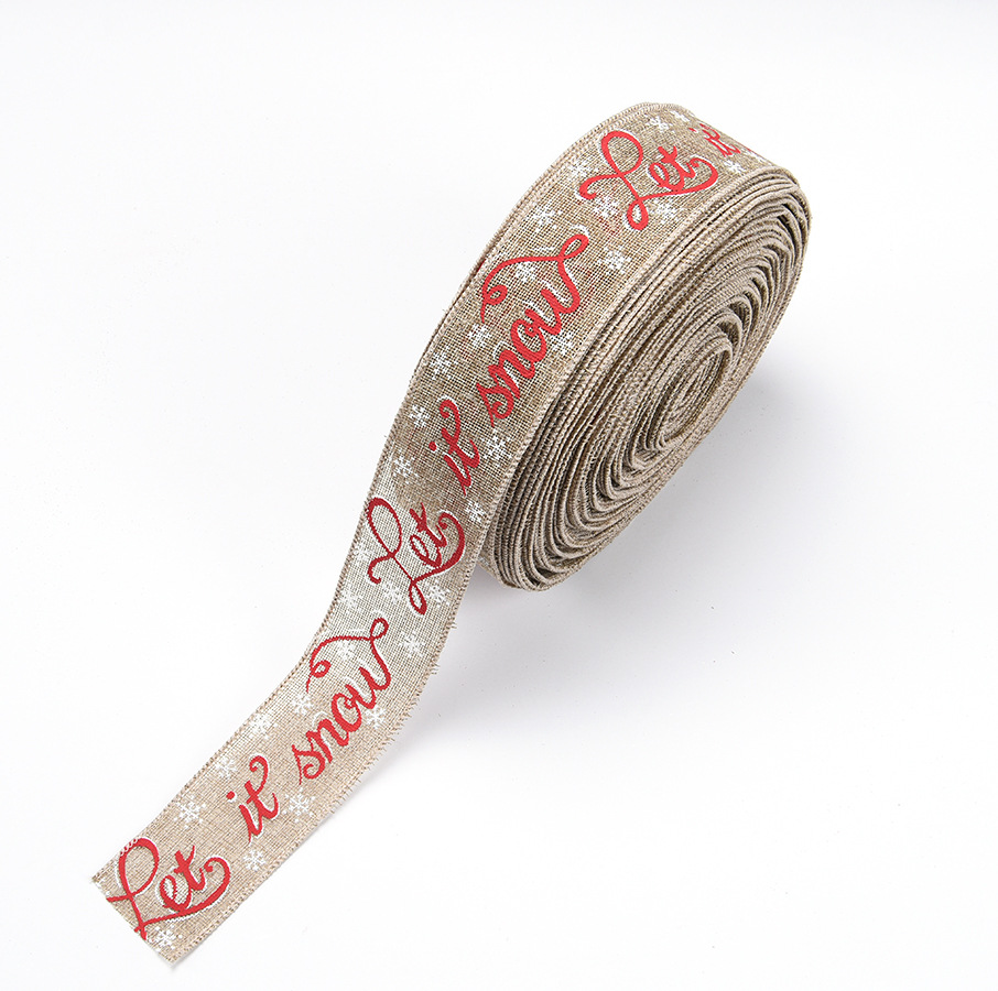 Cinta decorativa navideña de imitación de lino de 6,3 cm con estampado de letras y renos, cinta para envolver regalos de Navidad