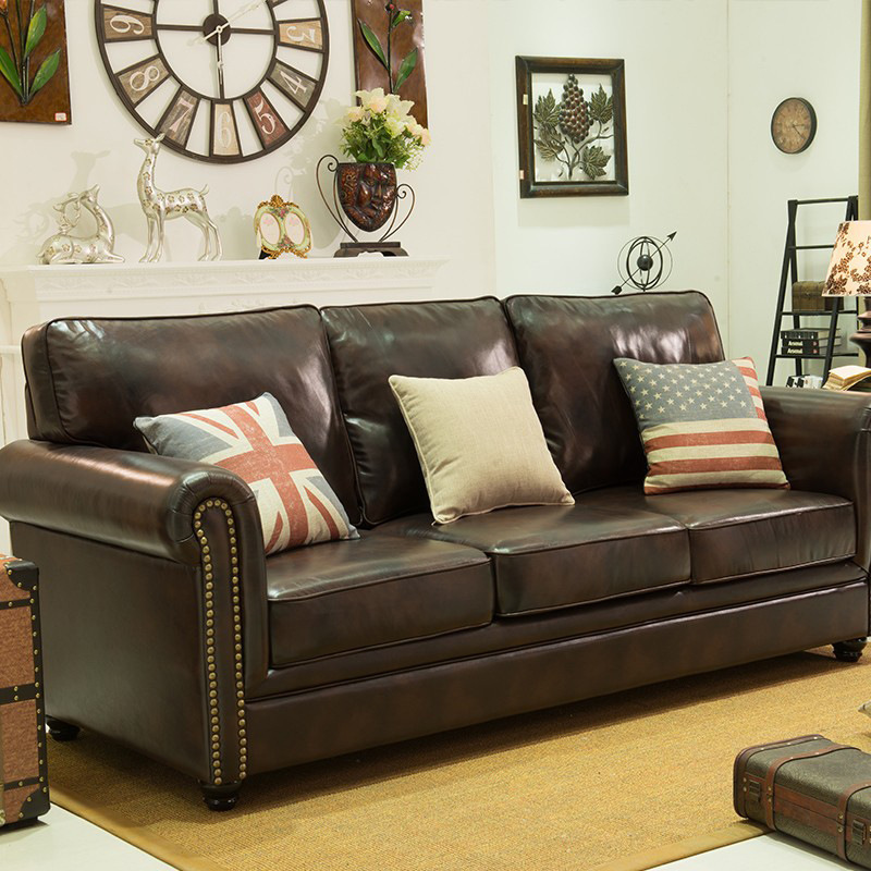Simple moderno retro americano sofá de cuero combinación salón tres cuero pequeño apartamento primera capa sofá de piel de vaca