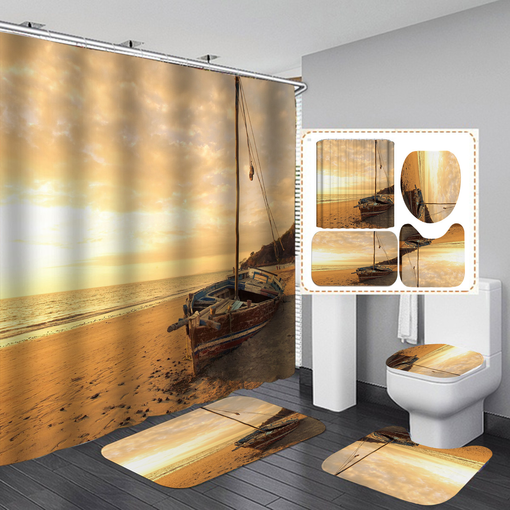 Transfronteriza AliExpress Amazon Venta caliente vista al mar patrón Serie 2 impreso impermeable y a prueba de moho Cortina de ducha suministro directo de fábrica