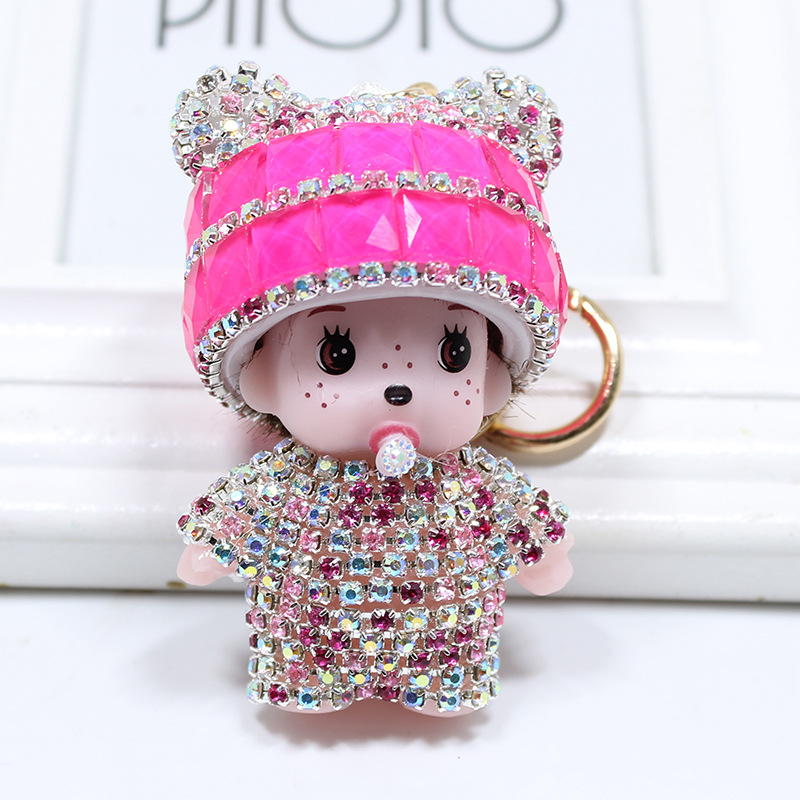 New Keychain Monchhichi with Rhinestones Cartoon Keychain Pendant Claw Machine Doll Arcade Redemption Gift