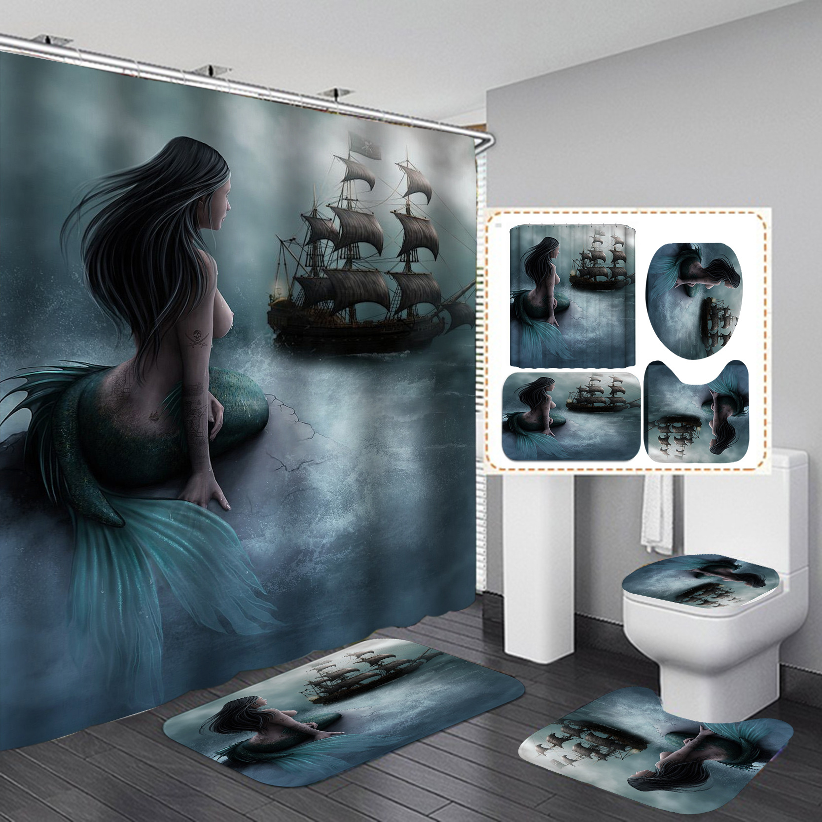 AliExpress Amazon Venta caliente Impresión digital impermeable a prueba de moho sirena Cortina de ducha suministro directo de fábrica Cortina de ducha al por mayor