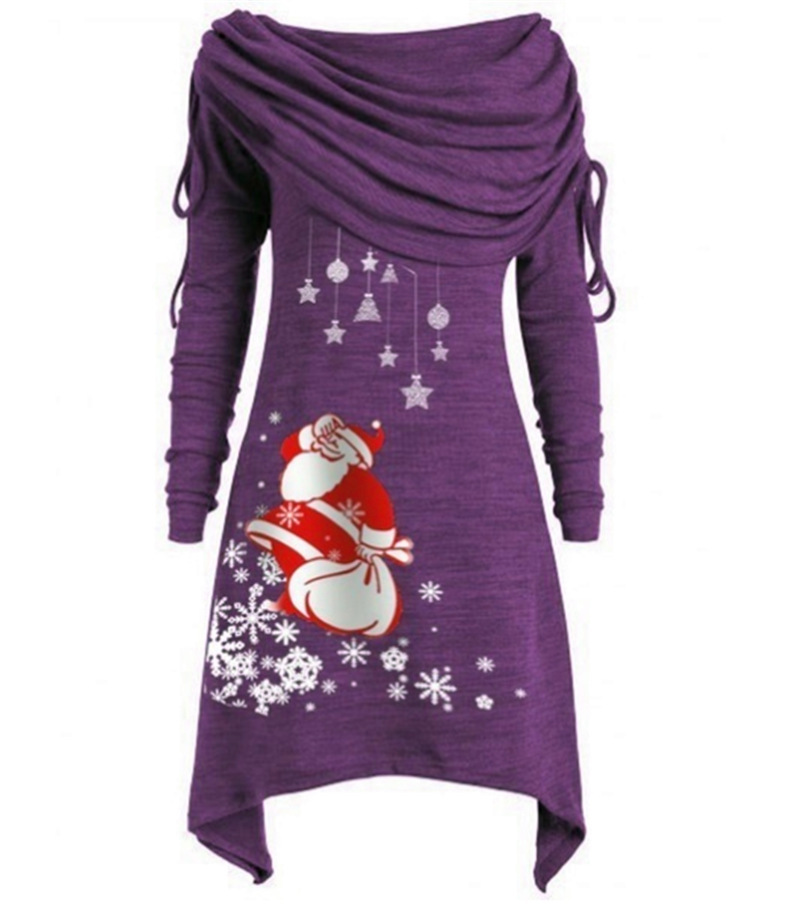 Las mujeres más el tamaño de manga larga de Santa Claus copo de nieve de impresión plisado cuello plisado irregular túnica de cintura media