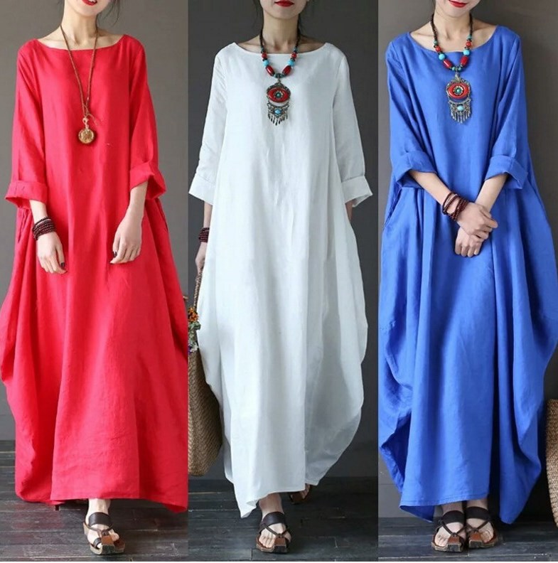 2025 In-Stock New Models Amazon Aliexpress Wish Loose Plus-Size Cotton-Linen Long Dress Slimming Long-Sleeve