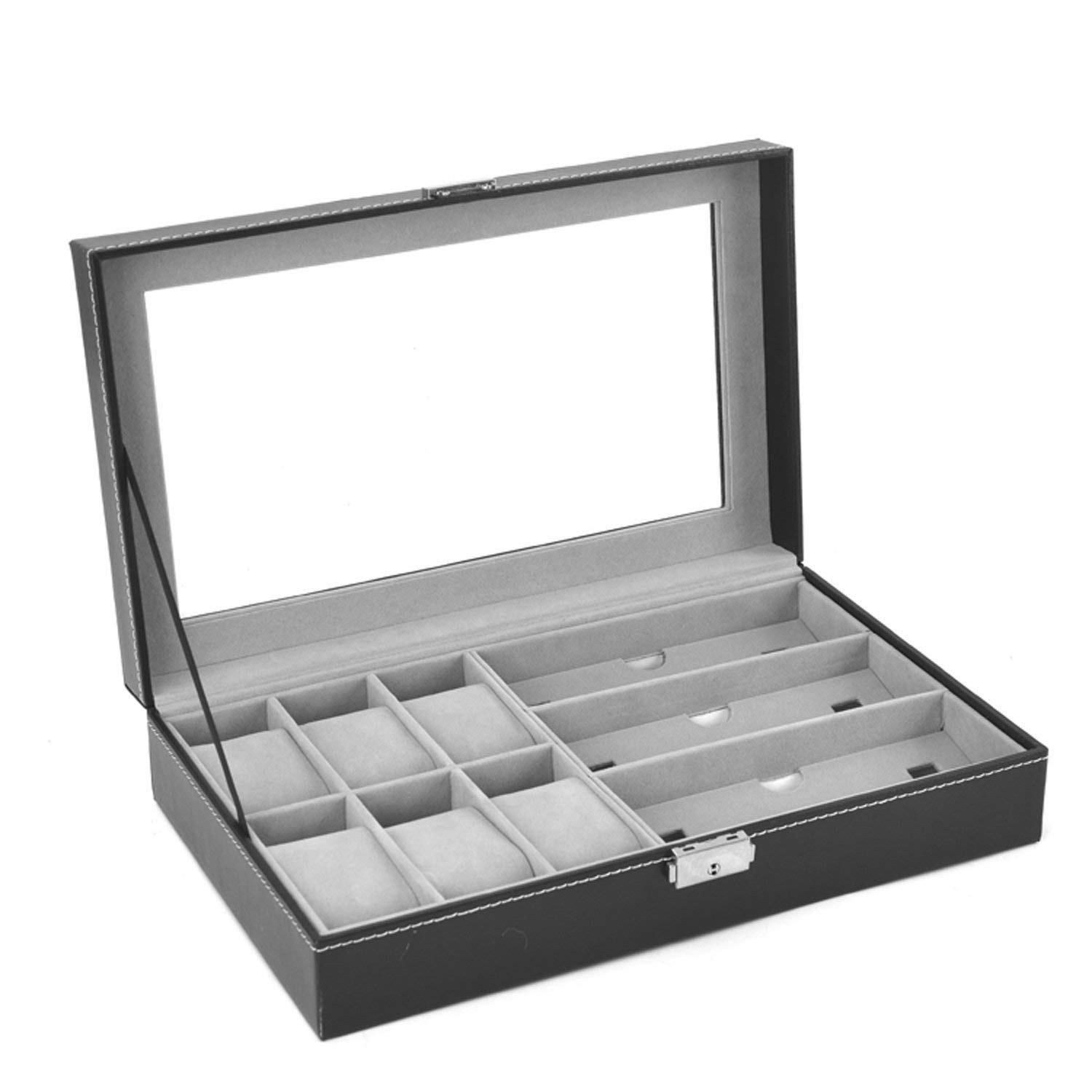 Caja organizadora de relojes y gafas de cuero PU, 6 espacios para relojes + 3 para lentes, elegante y funcional