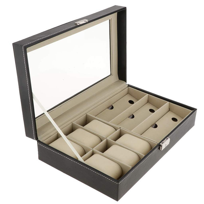 Caja organizadora de relojes y gafas de cuero PU, 6 espacios para relojes + 3 para lentes, elegante y funcional
