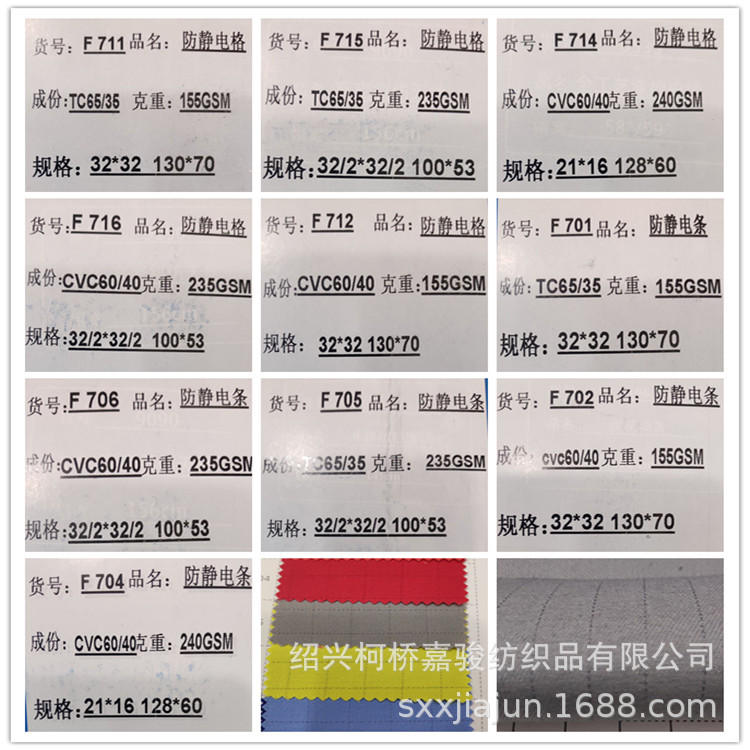 现货供应高档涤棉工装防静电布料涤棉CVC防静电条防静电格
