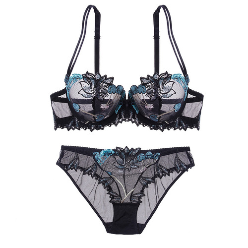 New European and American sexy underwear transparent mesh embroidered bra set drop shipping