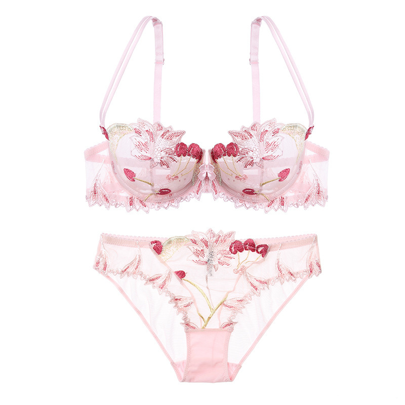 New European and American sexy underwear transparent mesh embroidery bra bra set a generation of hair