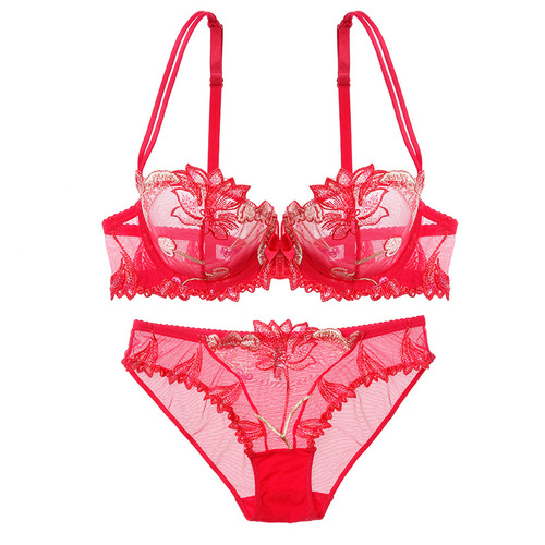 New European and American sexy underwear transparent mesh embroidered bra set drop shipping
