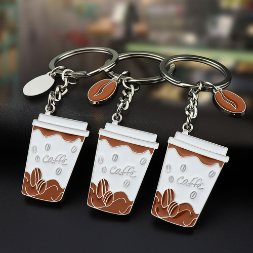 Creative coffee cup keychain custom designed coffee promotional souvenir pendant painted coffee bean key pendant