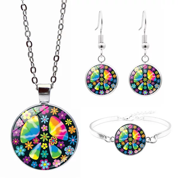 Cross-border New Accessories Flower Peace Logo Time Gem Necklace Bracelet Earrings Jewelry Set Wholesale