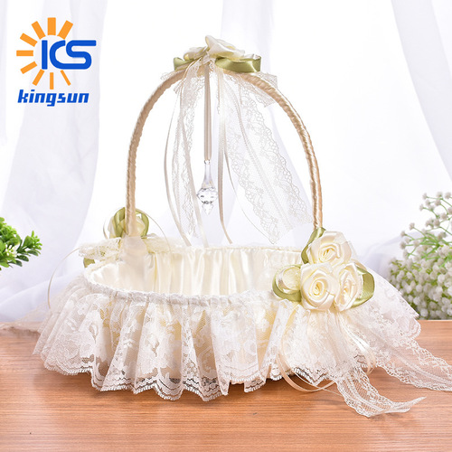 Western style wedding bamboo flower basket rhinestone lace basket flower girl portable small flower basket wedding supplies wholesale