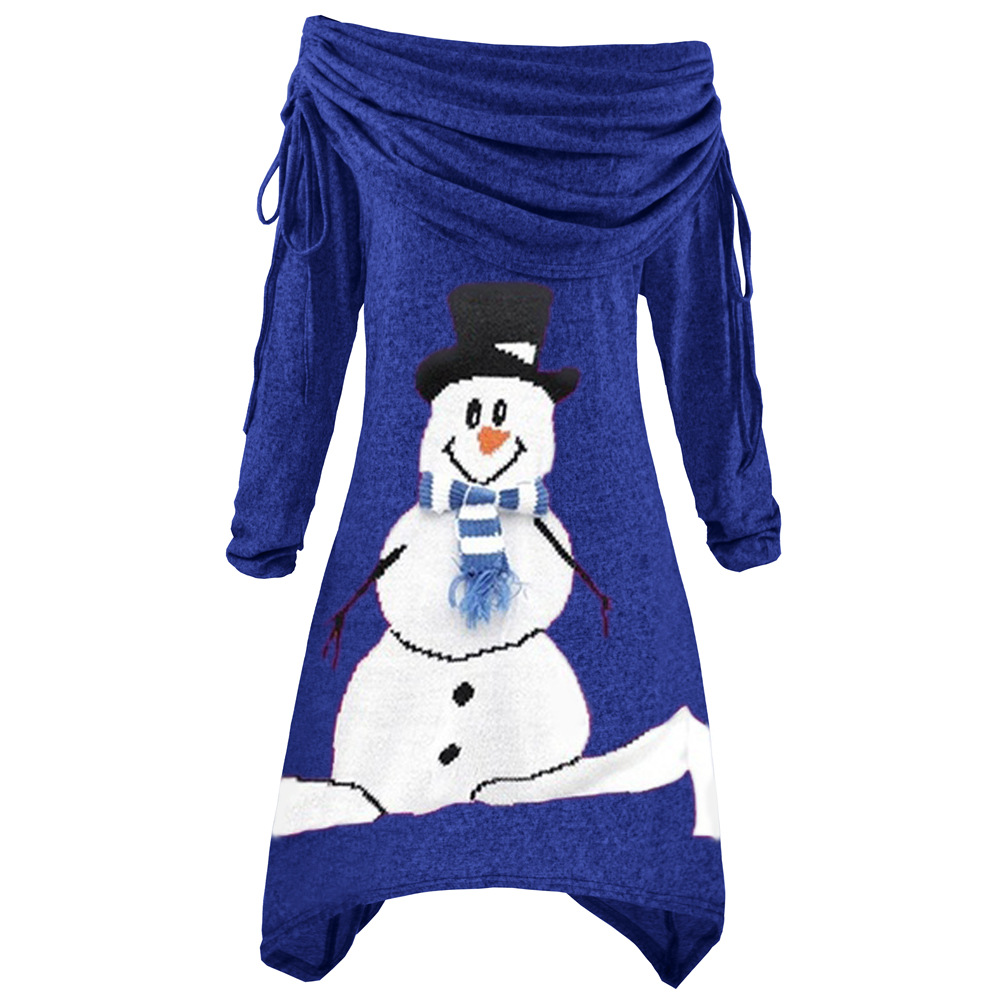 Womens Christmas Snowman Print Ruffled Collar Irregular Drawstring Dress Autumn Winter Fashion Wholesale Available
